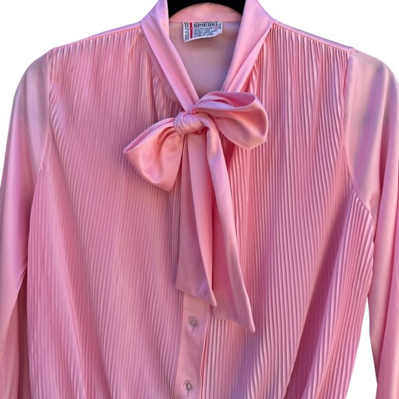 Spiegel Vintage 70s 80s Pink Pleated Long Sleeve Bow Collar Band Waist Blouse M - Picture 5 of 7